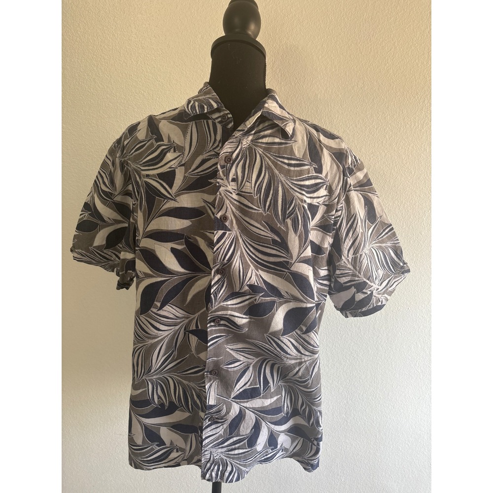 Havanera Mens Large Tropical Leaf Linen Rayon Blend Short Sleeve Button Down